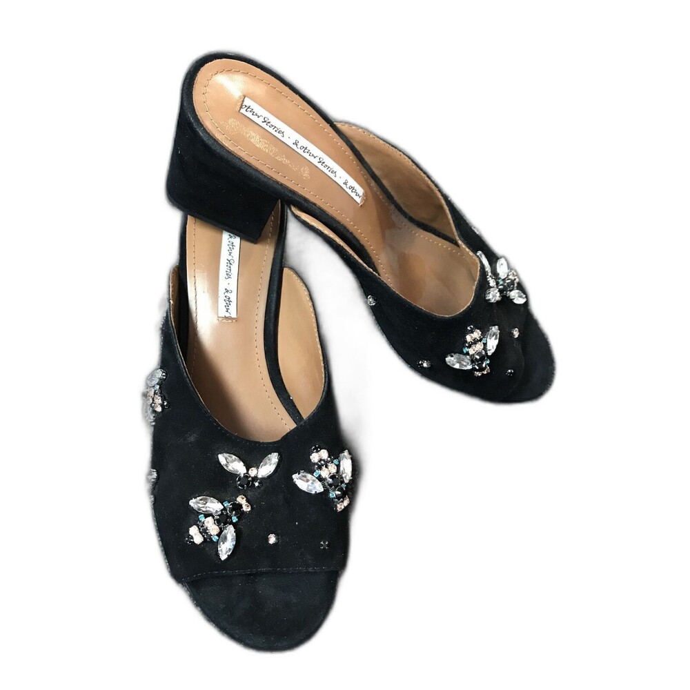& Other Stories Suede Open Toe Mules Jewel Slip On Block Heel Black 38 US 7.5